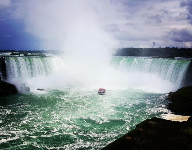 Scenic view of waterfall against sky