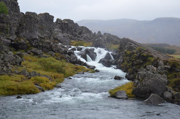 Scenic view of waterfall against sky