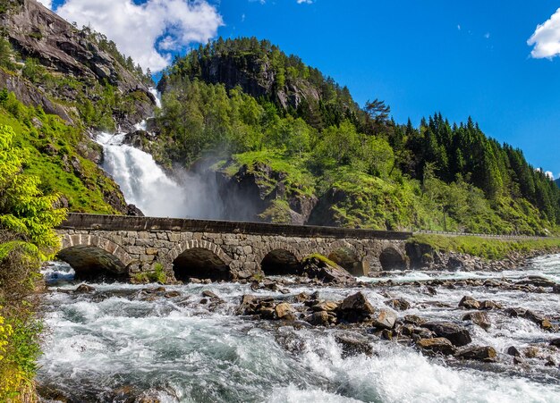 Scenic view of waterfall against sky