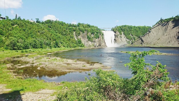 Scenic view of waterfall against sky