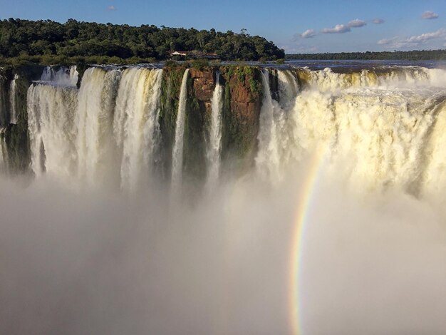 Scenic view of waterfall against sky