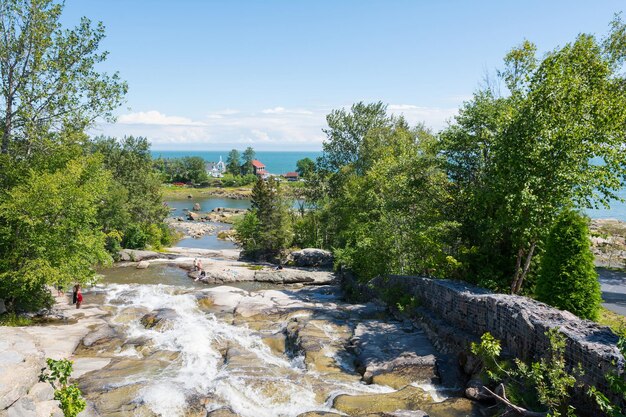 Scenic view of waterfall against sky