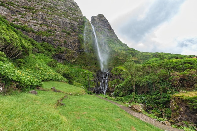 Scenic view of waterfall against sky