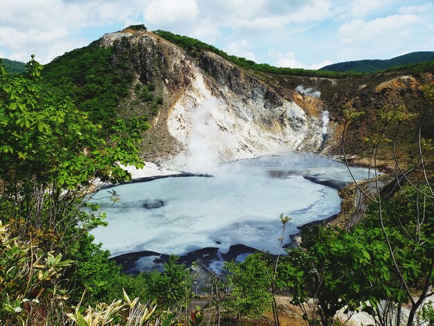 Scenic view of waterfall against sky