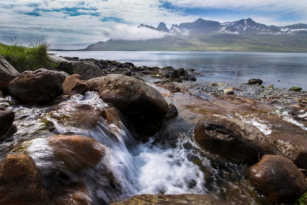 scenic view of waterfall by river
