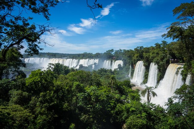 Scenic view of waterfall in forest against sky