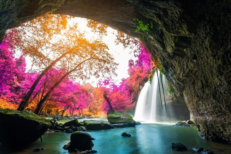 Photo scenic view of waterfall in forest