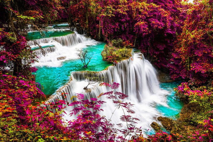 Photo scenic view of waterfall and trees