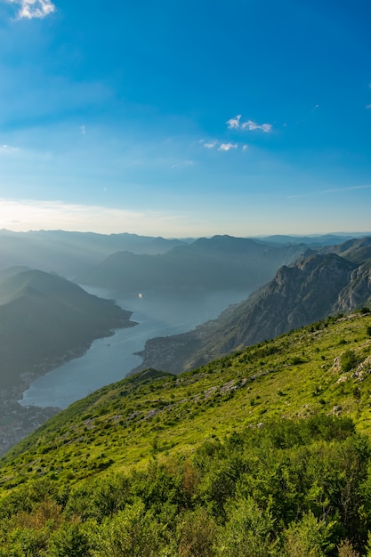 Scenic views of the Bay of Kotor open from a viewpoint on the top of the mountain.