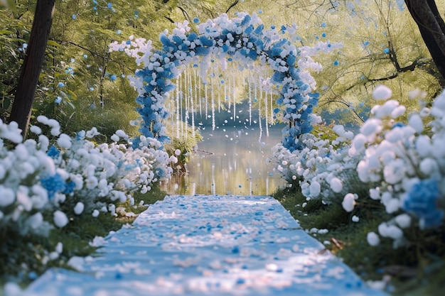 Scenic vows park setting white and blue flowers spring ambiance
