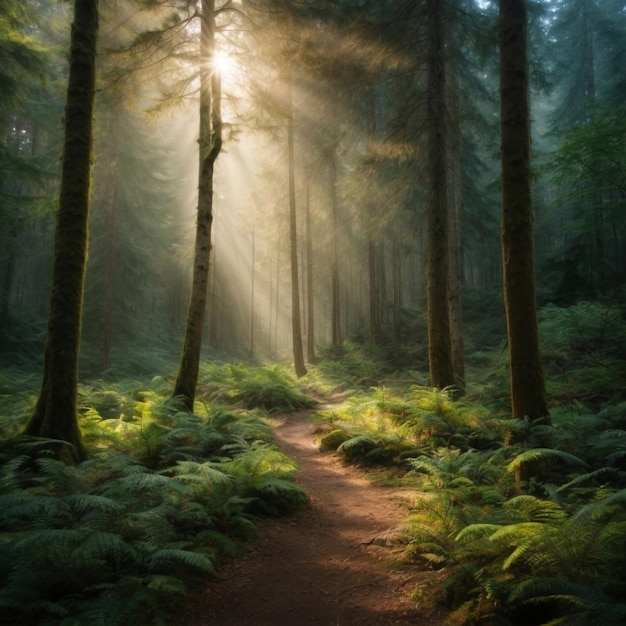 A Scenic Walk Through a Sunlit Forest