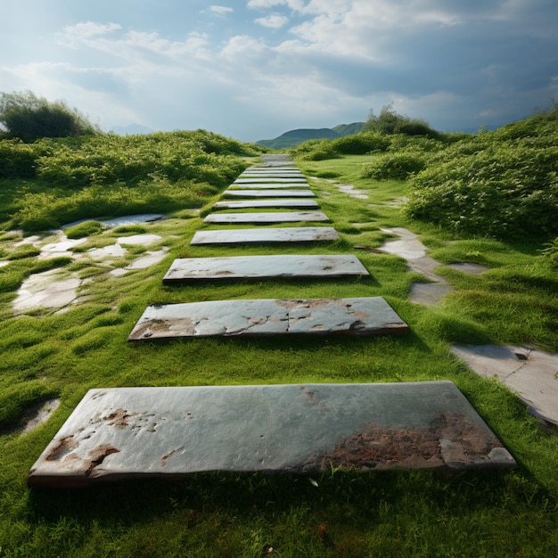 Scenic walkway on vibrant green grass creating a peaceful atmosphere For Social Media Post Size