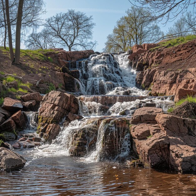 Photo scenic waterfall in spring a small waterfall in rocky area