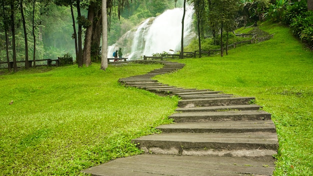 Scenic waterfalls and wooden path - Fall season