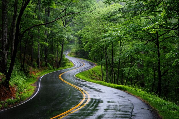 Photo a scenic winding road cuts through the heart of a lush green forest