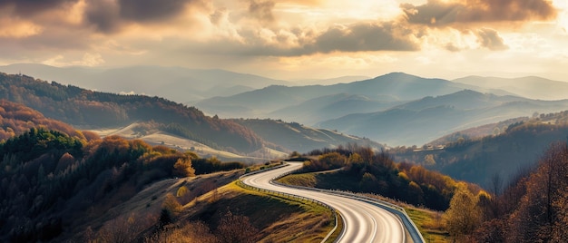 Scenic Winding Road Through Autumn Hills at Sunset