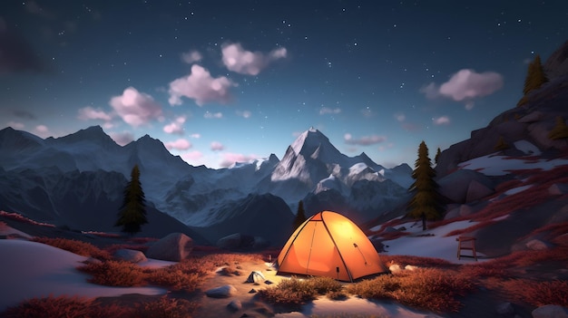 Scenic Winter Camping Adventure Snowy Mountain Landscape with Tent