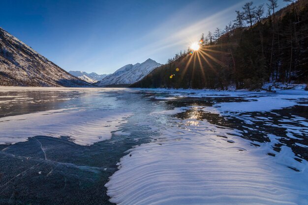 Scenic winter landscape with mountains and icy lake