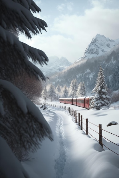 Scenic winter landscape with train in mountains created using generative ai technology