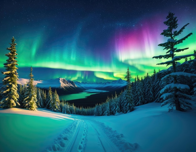 Шикарный зимний горный пейзаж Норвегии с удивительным северным сиянием Авроры ночью