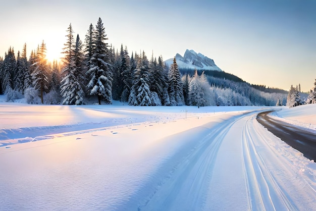 Scenic winter snow landscape with road in forest background