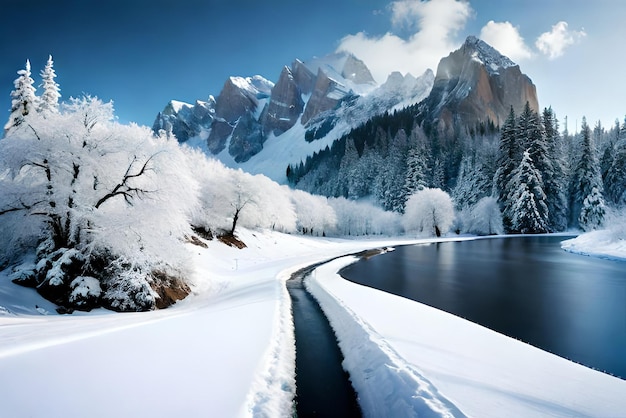 Foto scenico paesaggio invernale innevato con strada sullo sfondo della foresta