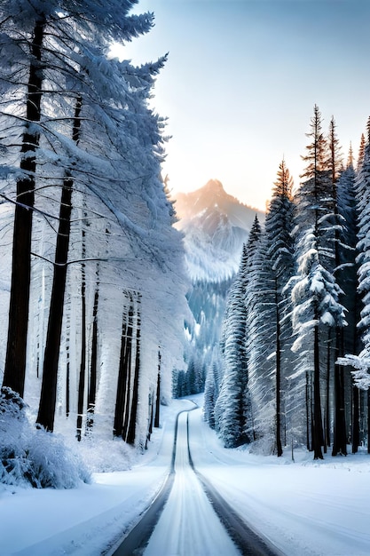 Scenic winter snow landscape with road in forest background