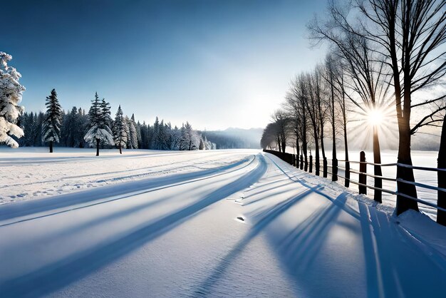 Scenic winter snow landscape with road in forest background