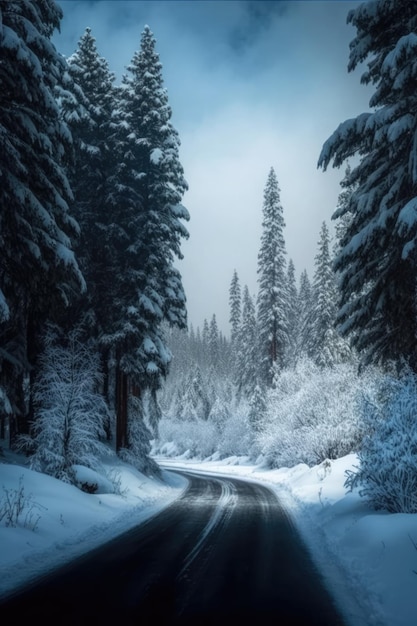 생성 인공 지능 기술을 사용하여 만든 숲의 도로가 있는 아름다운 겨울 눈 풍경