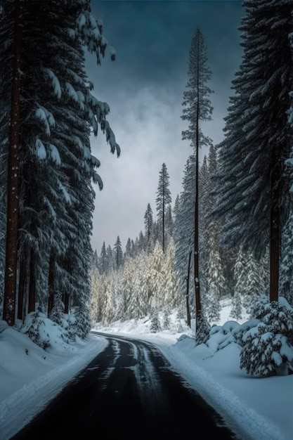 Scenic winter snow landscape with road in forest created using generative ai technology