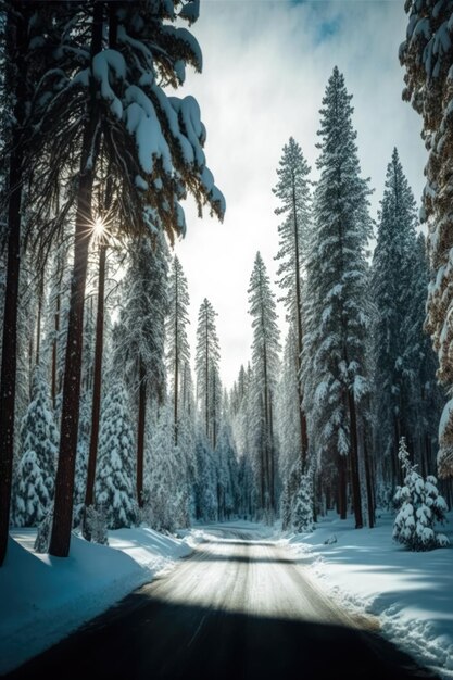 Scenic winter snow landscape with road in forest created using generative ai technology