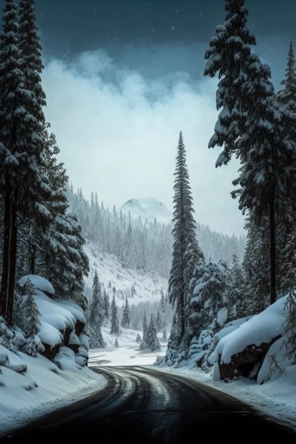 Scenic winter snow landscape with road in forest created using generative ai technology