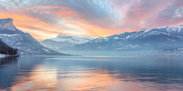 Photo scenic winter sunset at lake annecy in hautesavoie france surrounded by mountains in the french alps concept travel photography sunsets scenic views nature beauty