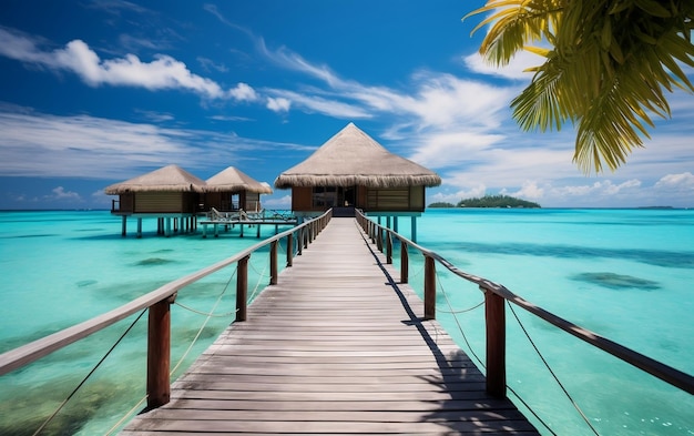 A scenic wooden dock leading to huts in the ocean AI