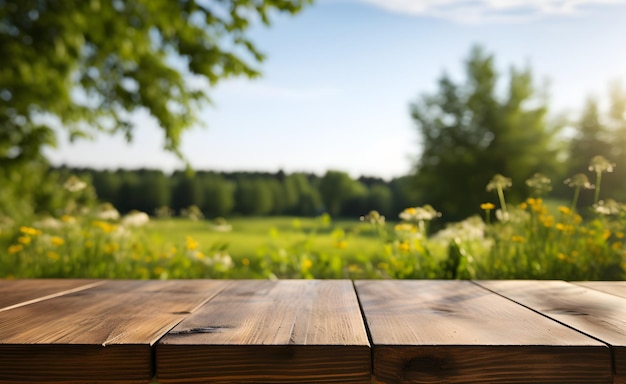 Scenic Wooden Table for Product Showcase with Green Trees and Blue Sky