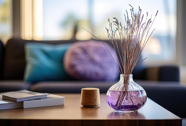 Photo scent diffuser on coffee table in living room in the style of tilt shift