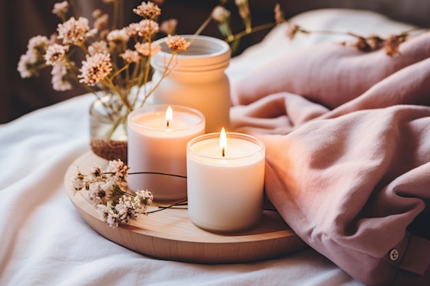 Scented burning candles and fresh flowers Hygge atmosphere Generative AI