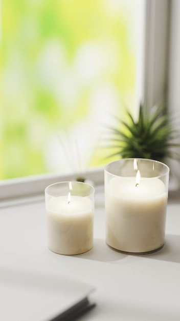 Scented candle, burning white aromatic candles in glass on white surface with green plant on background,3d rendering