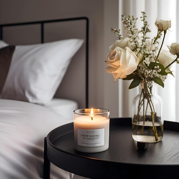 Photo a scented candle in a modern bedroom generative ai