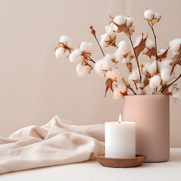 Photo a scented candle in a modern bedroom generative ai