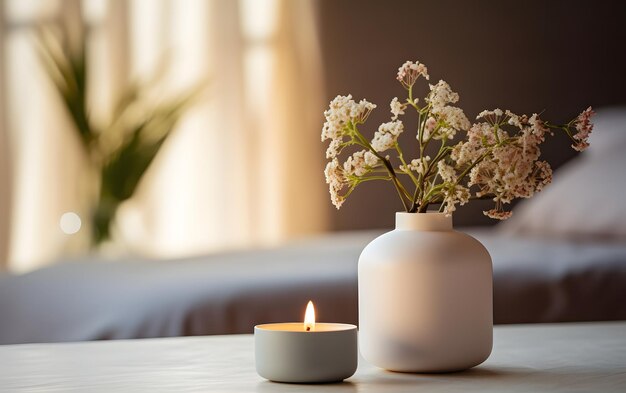 A scented candle on a white table with vases on a modern minimalist background