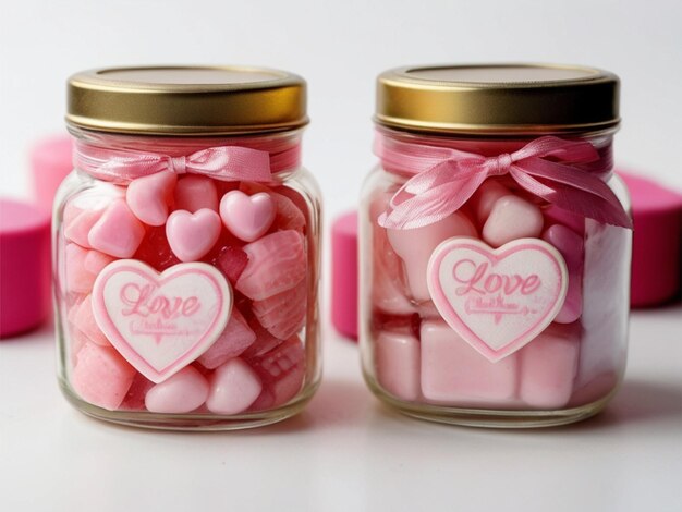 Scented candle with various fillings pink love candy in a transparent glass jar isolated on a white