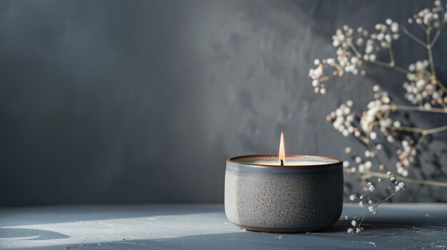 Scented candle with white flowers on a dark grey surface