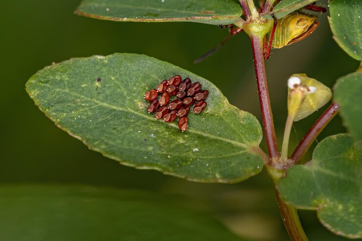 फोटो scentless plant bug eggs of the family rhopalidae
