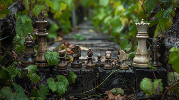 Schaak in de wijnstok een spel gespeeld in een geheime tuin met stukken die uit de aarde groeien