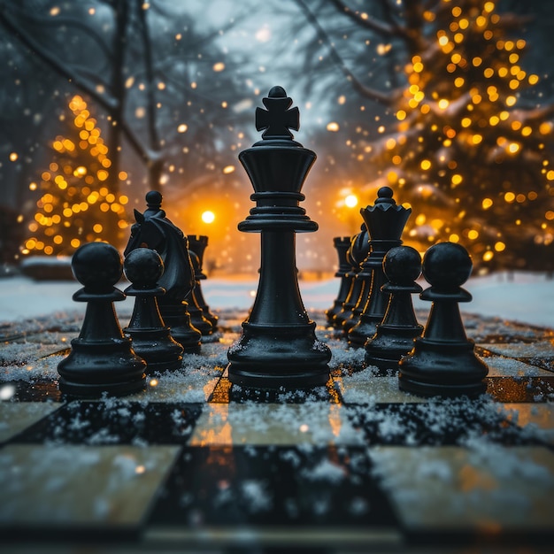 Schaakbord op tapijt met schaakstukken Een feestelijk beeld met een schaakbord met een prachtig versierde kerstboom op de achtergrond