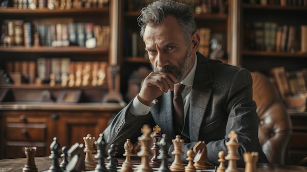 Schaakgrootmeester overweegt bewegingen op een schaakbord