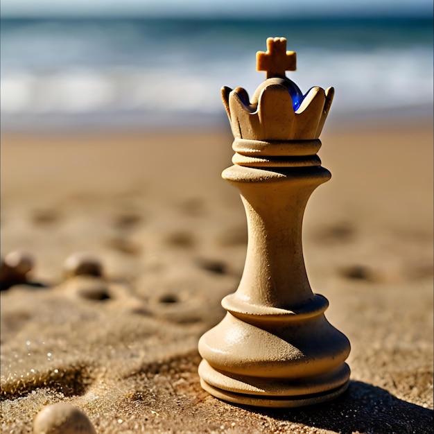 schaakkoningin stuk op zandstrand gegenereerd door AI