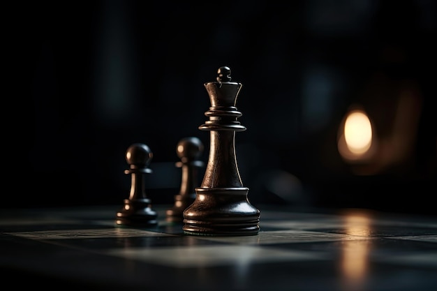 Schaakstukken op schaakbord donkere achtergrond Generatieve AI