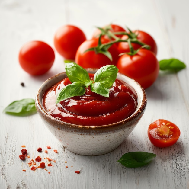 schaal ketchup of tomatensous op een witte houten tafel